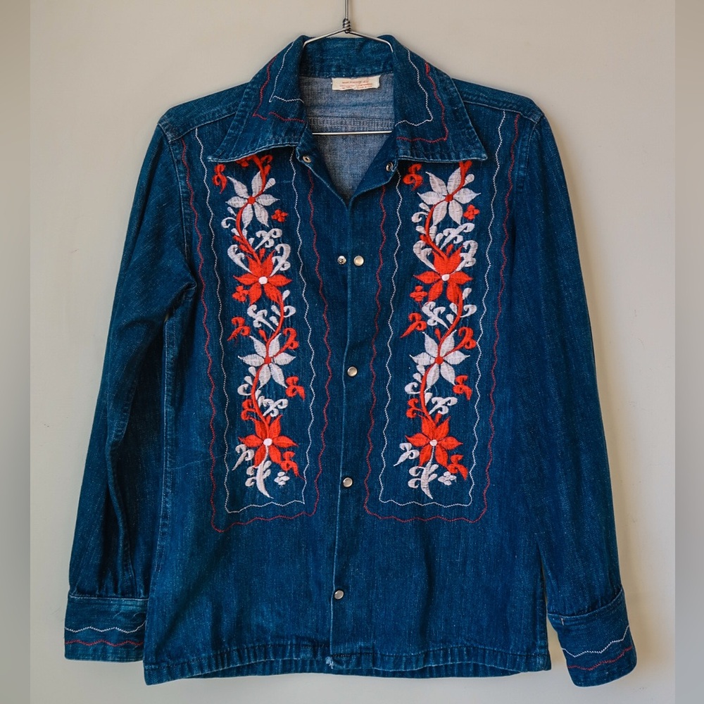 Vintage Embroidered Denim Shirt with Floral Design
